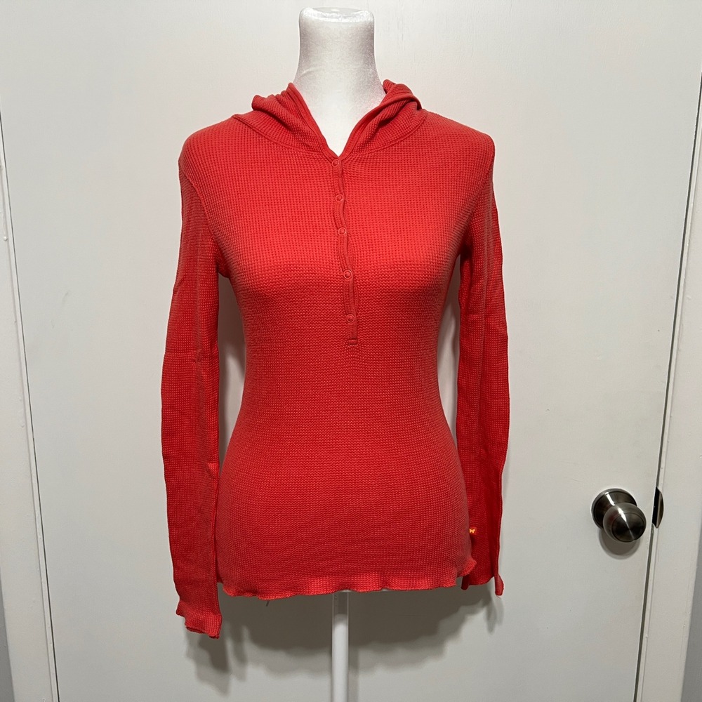 Aeropostale Y2K Womens S Orange Waffle Knit Henley Hoodie Top‎ Lettuce Hem